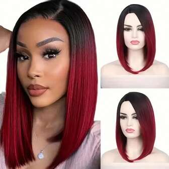 Short Bob Straight Synthetic Wig Ombre Wig Black To Red Side Part Daily Cosplay Party Wig 14 Inches Bowl Cut Wig Heat Resistant Fiber Synthetic Wigs For Women Black Red