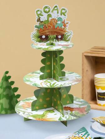 1 set Soporte para tarta con diseño de dinosaurio, bandeja de papel multicapa y aro para tarta, bandeja para alimentos, decoración de la selva, decoración de "Wild One" para fiestas, decoración para baby shower y revelación de género, decoración de cumpleaños de dinosaurio "Roar", regalos de cumpleaños, suministros de decoración de tartas para eventos festivos, decoración del hogar, de la habitación y de la mesa, soporte para exhibir tartas, decoración de cocina y panadería