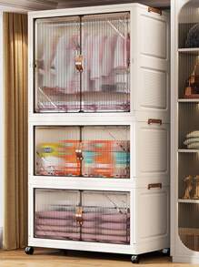 5/4/3/2/1 Layer Foldable Wardrobe, Free Installation Folding Clothes Storage Cabinet, With Wheels, Multiple Layers, Double Door, Magnetic Closure - Transparent - View 2