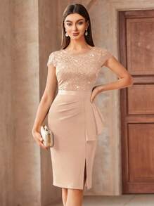 MIUSOL Elegant Contrast Lace Sequin Insert Ruffle Trim Ruched Wrap Hem Bodycon Dress,Semi Formal Women Dress,For Cocktail Party,Vacation, Graduation, Dinner - Champagne - View 3