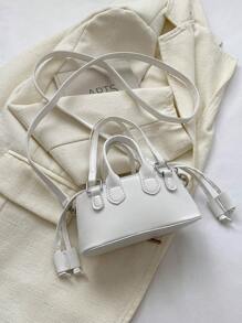 Fashionable Solid Color PU Drawstring Mini Handbag, Metallic Color Crossbody Shell Bag For Women - White - View 8