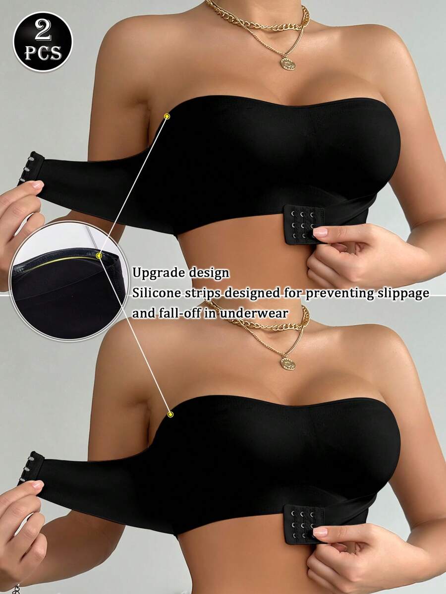 2pcs Front Clasp Black Strapless Padded Bra With Non-Slip Design, Comfortable Seamless Wireless Bra - Multicolor - View 1