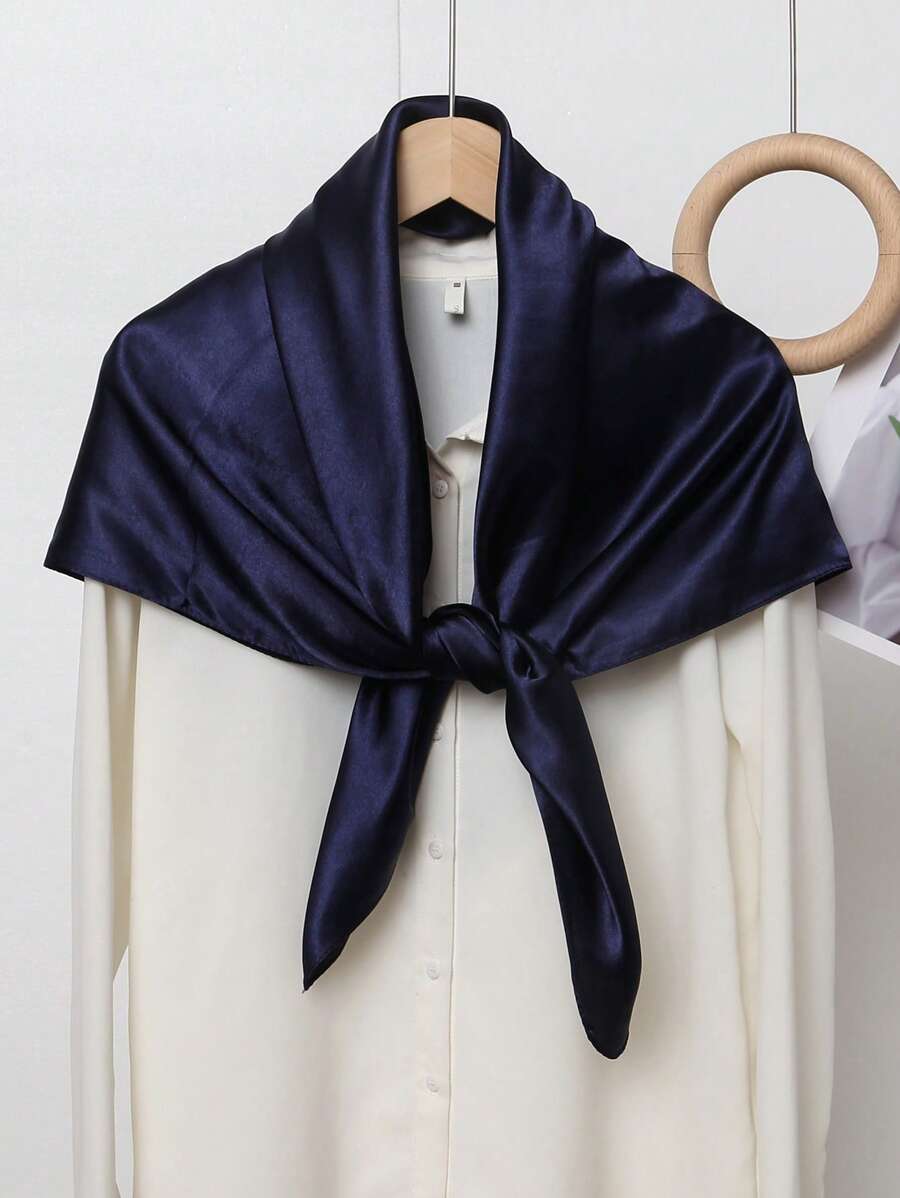 1pc Women's Plain Color Bandana Scarf, Versatile & Stylish For Dress - Navy Blue - View 1