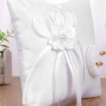 Wedding Ring Pillow Elegant Heart Bowknot Ring Bearer With Ribbons Pillow Portable Wedding Supplies For Wedding Party - White - View 3
