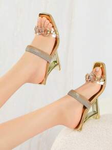 新款透明水晶装饰方头高跟一脚蹬凉鞋，性感百搭，适合大码身材，春夏穿搭 - 金色 - 查看 3