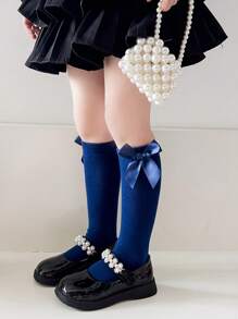 1 Pair Girls Ankle Length No-Heel Socks, Straight Cut, With Bow, Solid Color, Suitable For Princess, Students, Dance, Spring & Autumn - Multicolor - View 14