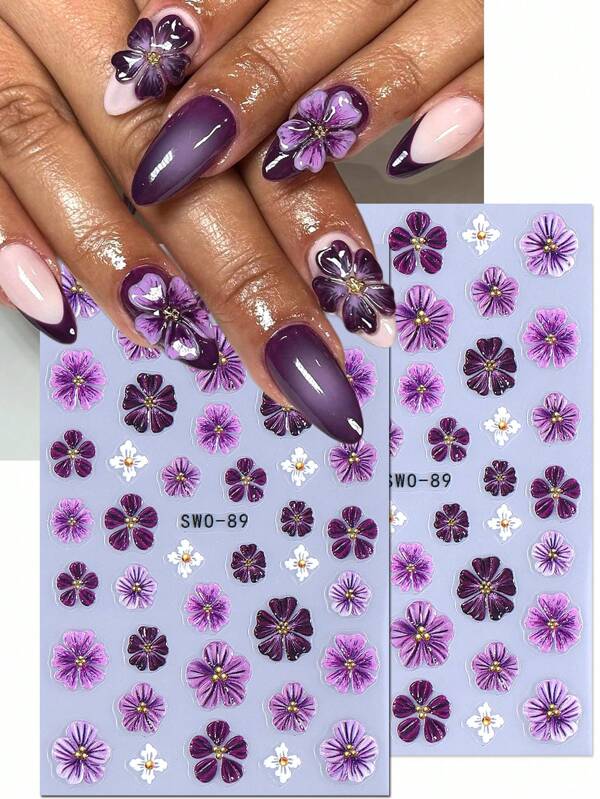 Purple Hibiscus Flower 5D Nail Stickers 2pcs Gradient White Purple Heart Floral Petal Print DIY Y2K Spring Summer Self-Adhesive Gel Polish Sliders Manicure Decoration Accessories Nail Supplies