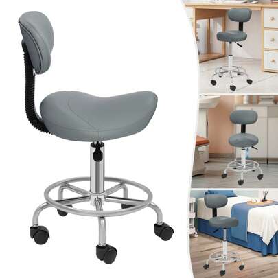 Taburete gris con respaldo, elevable con ruedas para oficina, spa, silla de pedicura móvil, silla para el cuidado de los pies con ventosa, taburete de salón con altura ajustable.