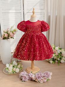 红色亮片儿童连衣裙高端女童公主裙生日一周岁小女孩走秀主持人钢琴表演服装适合婚礼派对舞台表演及日常休闲室内外圣诞派对