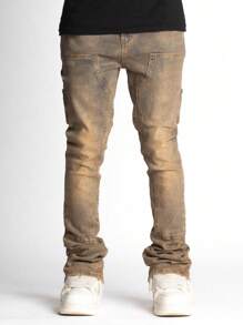 弹力紧身叠层牛仔裤，休闲棉混纺喇叭牛仔裤，带斜口袋 - 黃色 - 查看 3