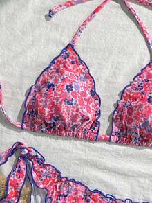 Women's Cute Floral Lace Pleated Bikini Two Pieces Set, Suitable For Summer Island Vacation Swimming