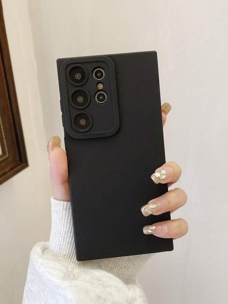 1pc Black Minimalist Solid Color Phone Case, Lens Protection Phone Case Compatible With IPhone & Galaxy - Black - View 1