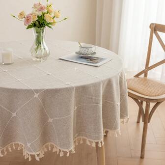 1pc Faux Linen Round Tablecloth, Dust-Proof & Wrinkle-Resistant Table Cover, Washable Tablecloth Suitable For Indoor & Outdoor, Farmhouse Decor, Picnic, Table Decoration, Khaki