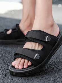 男士一脚蹬夏季凉鞋防滑耐磨透气户外拖鞋系带时尚简约厚底软底沙滩凉鞋 - 黑色 - 查看 1