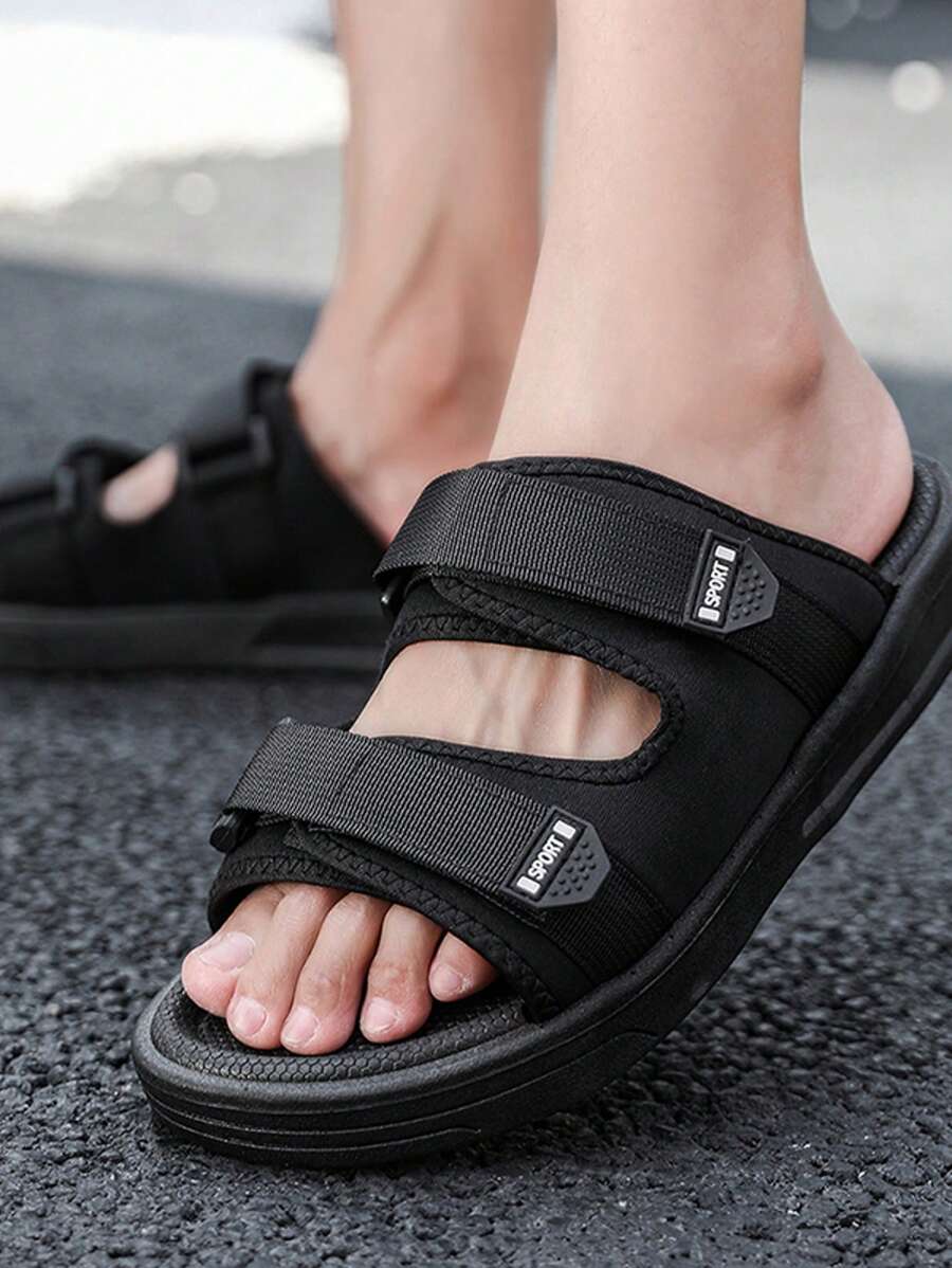 男士一脚蹬夏季凉鞋防滑耐磨透气户外拖鞋系带时尚简约厚底软底沙滩凉鞋 - 黑色 - 查看 1