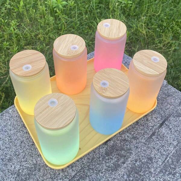 1pc 540ml FCM Certified Ins Style Bamboo Lid Frosted Glass Cup With Straw, Gradient Color Soda Beverage Cup, Back To School Supplies