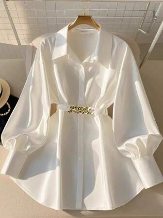 大码女式纯色宽松系腰带单排扣复古休闲纯色金属链带优雅长袖衬衫，适合日常外出、通勤、休闲、朋友聚会、办公室、度假、机场造型、春夏季