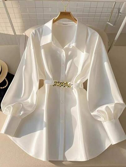 大码女式纯色宽松系腰带单排扣复古休闲纯色金属链带优雅长袖衬衫，适合日常外出、通勤、休闲、朋友聚会、办公室、度假、机场造型、春夏季