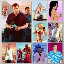 1 pièce Affiche murale avec cadre en option, Pop Art GTA 5 Vices, la capitale sainte, 5 stars, bon citoyen, trio de voyous, photo de groupe magnifique. Collection d'affiches artistiques à décorer la salle de jeu. Peinture HD cadeau de décoration