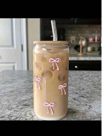 1pc 16oz Transparent Coffee Mug With Pink Bowknot Pattern, Bamboo Lid And Straw, Portable Beverage Juice Cup For Outdoor Travel, Summer & Winter, Birthday, Festival And Christmas Gift Water Bottle