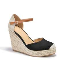 Womens Espadrille Wedge Sandals Closed Toe Platform Heels Ankle Buckle Strap Summer Shoes - 黑色 - 查看 3