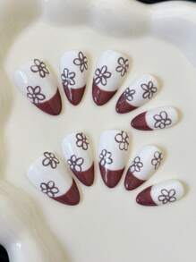 杏仁形指甲法式手工按压式指甲 | 带猫眼水钻的多色指甲片、手绘花卉和艺术设计 | 光泽全覆盖 DIY 假指甲套装（10 件/包）