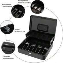 Piorlado Money Box With Key -Money Tin With Lock - Small Lockable Cash Box With Coin Tray For Petty Cash Coins Notes - Locking Metal Box With 2 Keys - Black - Black - View 3
