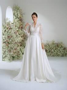 Vestidos de baile glamorosos, nobres, com decote em V, estilo Bridgeton, vintage, renda branca, manga comprida, para mulheres, elegantes, linha A, vestidos de noiva com cauda, temporada de casamentos, noiva