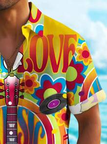 Vintage Hippie Music 3D Graphic Print Button Down Aloha Shirt For Men