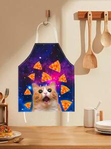 1 pieza Delantal de babero con estampado de gato espacio pizza meme creativo y de moda, unisex, para mujeres, hombres, chef, cocina, divertido, animal, horneado
