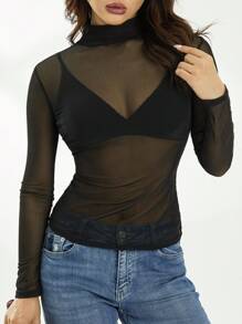 Women's See Through Sheer Mesh Blouse Long Sleeve Slim-Fit T-Shirt Crop Tops Clubwear