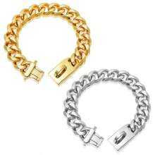 Strong Stainless Steel Dog Collar Choke With Buckle Lock Golden Cuban Link Chain Training Collar For Pets Metal Necklace