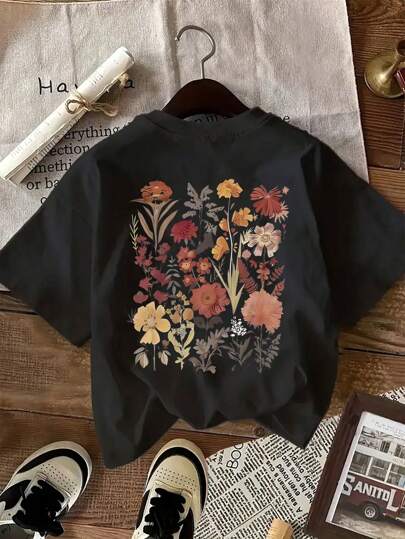 Young Girl's Casual Minimalist Printed Round Neck Short Sleeve T-Shirt, Suitable For Summer Leisure Wear