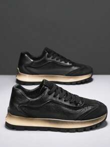 Zapatillas deportivas cómodas y transpirables de piel perforada de corte bajo para hombres, con suela gruesa antideslizante y casual tipo chunky, para uso atlético