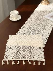 1pc Beige Lace Tassel Table Runner, Suitable For Home Decorations Such As Dining Table, TV Cabinet, Coffee Table, Etc. - Multicolor - View 9