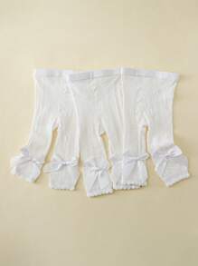 3 Pairs Toddler Girls' Bow Decor Mesh Leggings, White 7/8 Length Tights, Elastic Skinny Pants, Suitable For Daily Wear