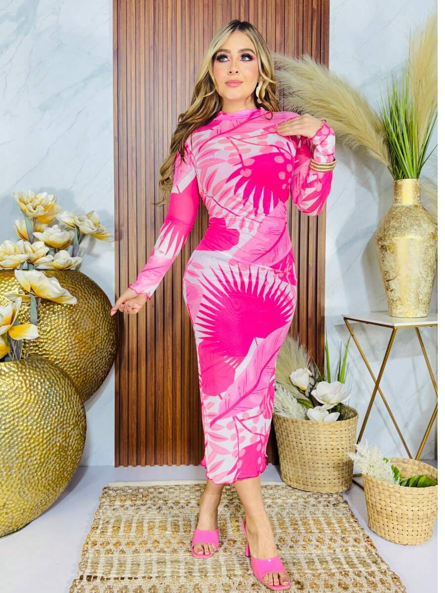 Vestido midi estampado con vestido de forro interiorEstampado IntegralColor combinadoHojaFiestaCasualEleganteRejilla2 capas2 en 1GasaDoble vestido CalleOficinaElegante e informal