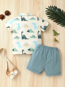 2pcs Casual Cute Baby Boy Clothes Set, Soft Comfortable Cartoon Dinosaur Print Shirt And Solid Color Sports Shorts Outfit, Baby Boy Clothing, Suitable For Daily, Vacation, Party, Outdoor