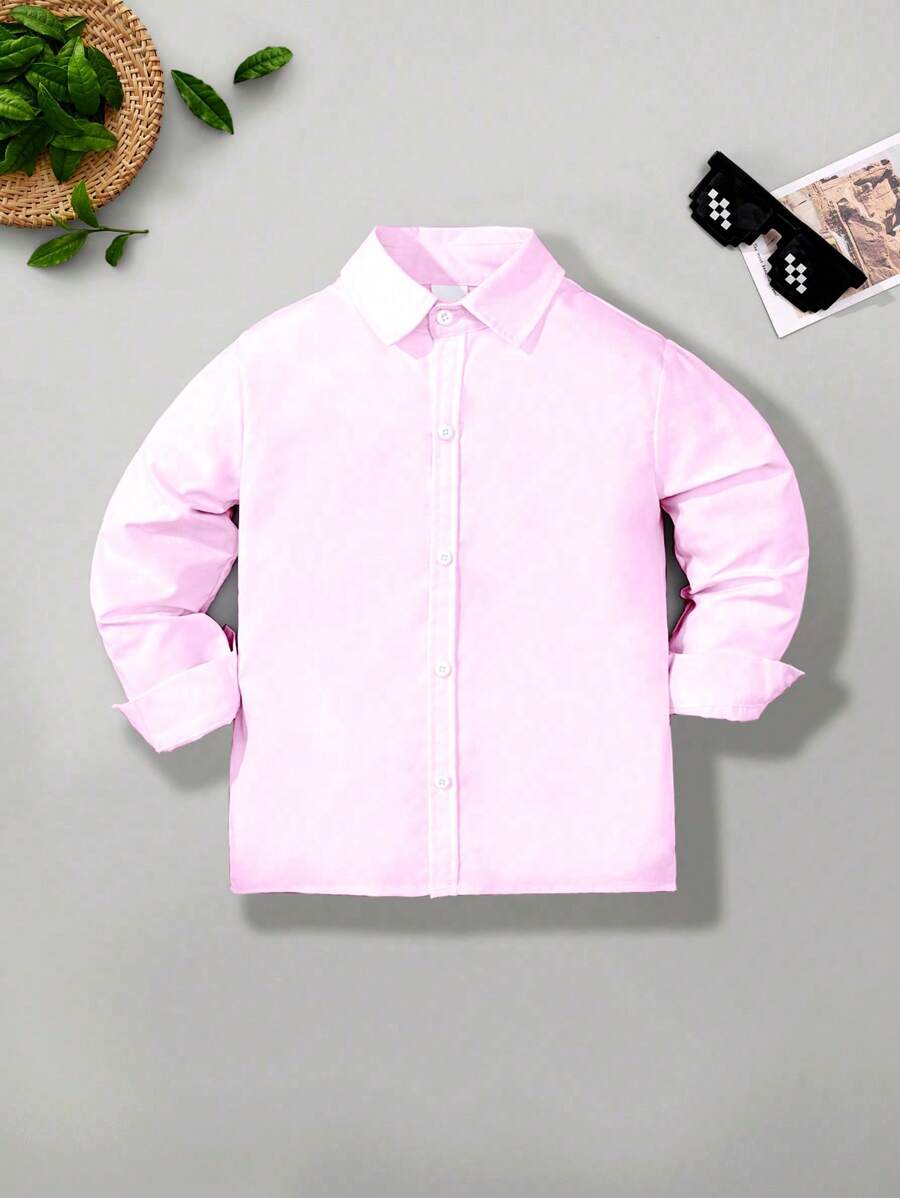 年轻男孩经典校园风格休闲派对口袋贴布长袖正式衬衫，粉色 - 粉色 - 查看 1