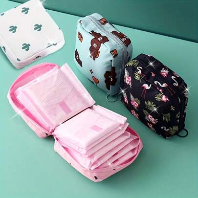 Bolsa de almacenamiento para toallas sanitarias con estampado de dibujos animados de moda - Bolsa de viaje impermeable y multifuncional con llavero, regalo ideal para niñas