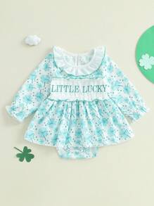 Baby Girl Romper Newborn Dress Long Sleeve Letter Bowknot Doll Collar Bodysuit Ruffle Skirt Cute Spring Clothes - Mint Green - View 1