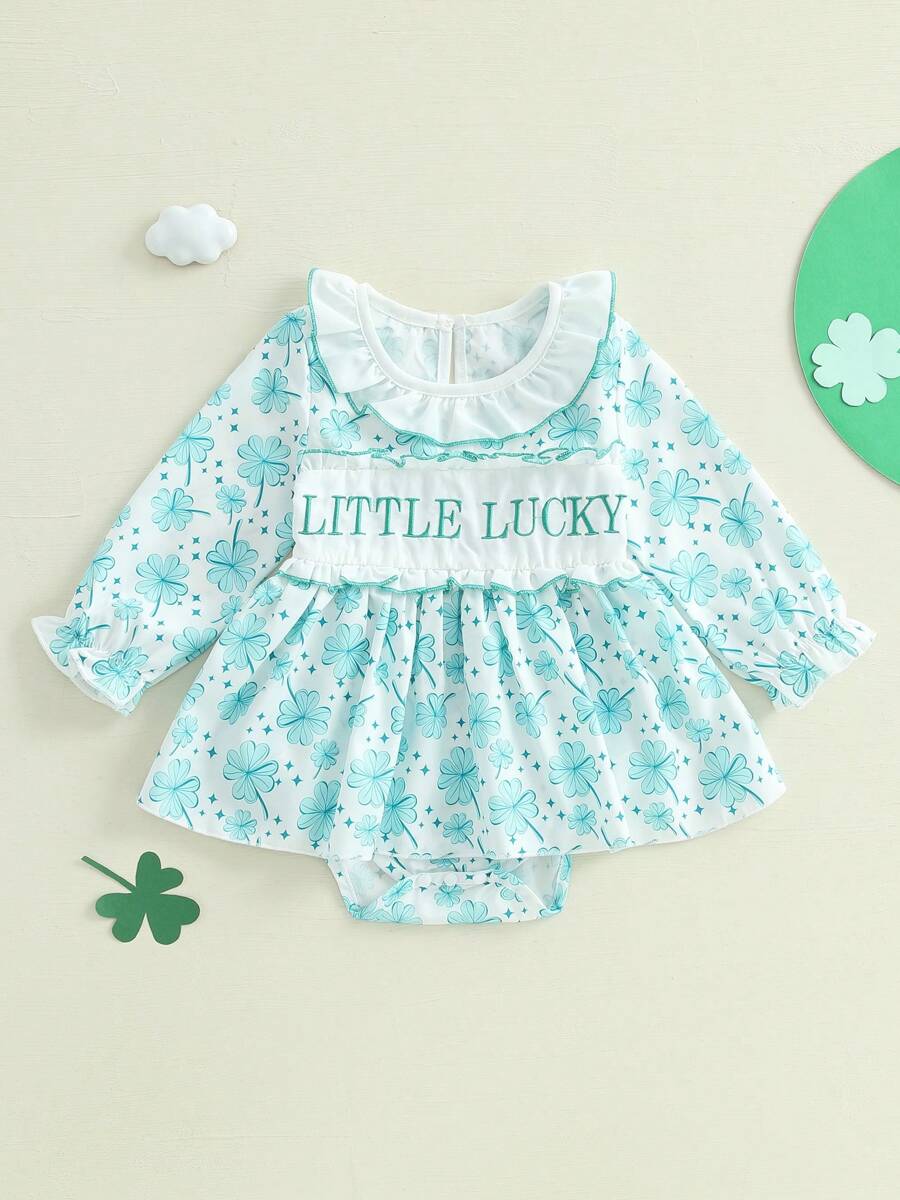 Baby Girl Romper Newborn Dress Long Sleeve Letter Bowknot Doll Collar Bodysuit Ruffle Skirt Cute Spring Clothes - Mint Green - View 1