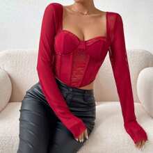 Yesfashion Womens Summer Long Sleeved Mesh Tops Patchwork Lace See Through Fishbone Tight And Sexy Short Shirt Blouses - 酒紅色 - 查看 3