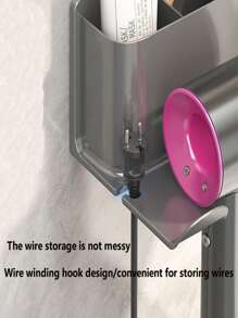 1pc No-Drill Wall Mounted Dual Compartment 2-In-1 Hair Dryer Holder & Storage Rack, Bathroom Organizer