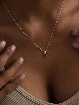 1pc Fashionable Simple Silver Tone Cross Pendant Necklace Decorated With White Rhinestones