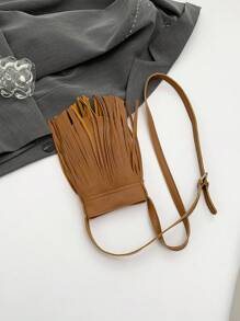 Mini Casual Fashionable Minimalist Large Capacity Tassel Bucket Shoulder Bag - Brown - View 10