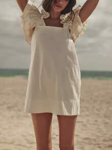 Women's Summer Swing Mini Dress, Ruffle Short Sleeve Square Neck Loose Boho Maxi Dresses Sundress - 白色 - 查看 1
