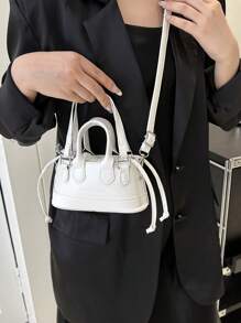 Fashionable Solid Color PU Drawstring Mini Handbag, Metallic Color Crossbody Shell Bag For Women - White - View 6