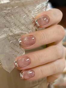 Elegant Nude Ballet Press On Nails - Short Length, French Manicure Style With Silver Stripe And Shimmer, Handmade Cat Eye Design, 10Pcs Glossy Fake Nails Set With Detachable Adhesive Nail Supplies Nails - Baby Pink - View 2