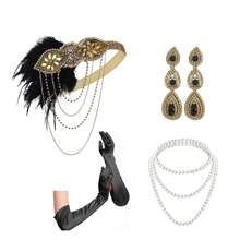 1 Set 4pcs 1920s Flapper Headband, Necklace, Gloves, Feather Accessories For Women Prom